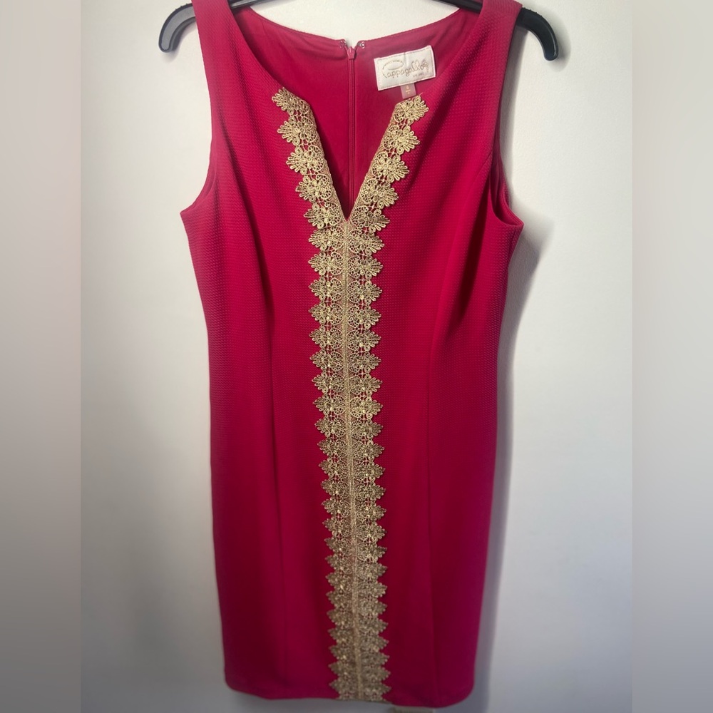 Pappagallo Pink and Gold Sheath Midi Dress V-Neck Sleeveless